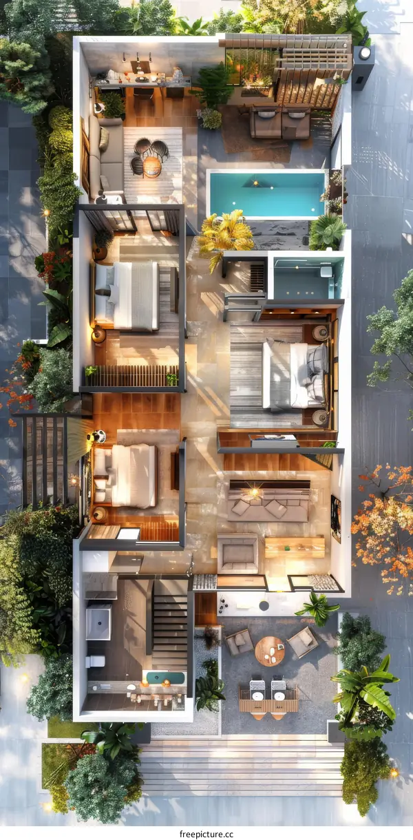 Luxury House Plan with Outdoor Pool and Gardens