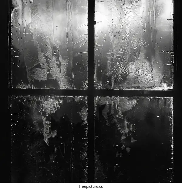 Ice and frost patterns on a backlit window