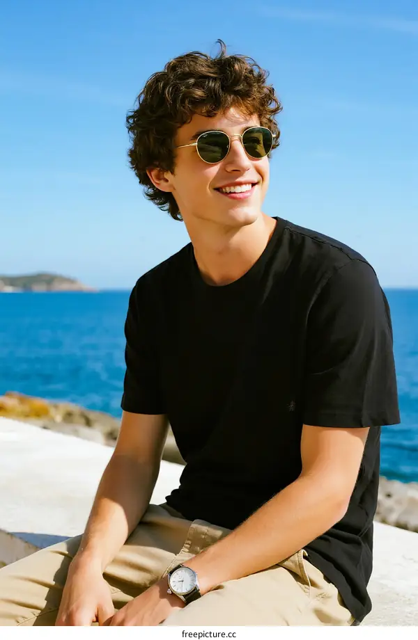 A man sitting by the sea wearing sunglasses and a black t-shirt