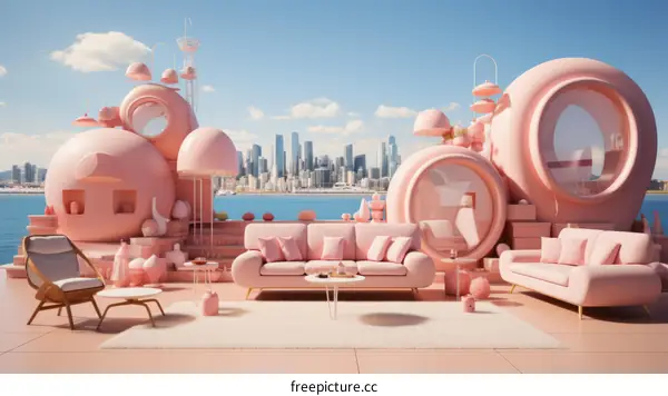 pink surrealism furniture cityscape