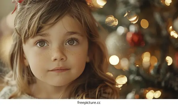 Little Girl with Freckles Gazing at the Christmas Tree