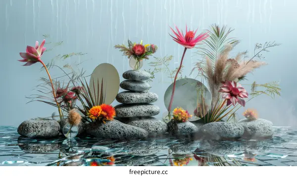 Serene Still Life with Flowers and Rocks