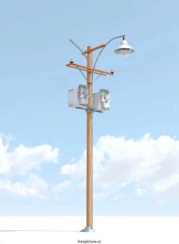 Wooden Utility Pole with Traffic Lights and Lamp