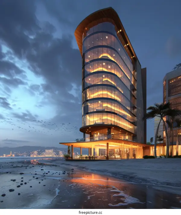 Modern Coastal Skyscraper at Dusk