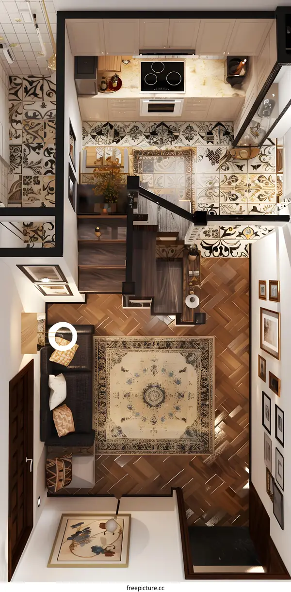 Top View of a Modern Living Room with a Staircase