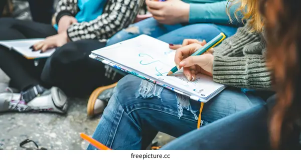 Group of People Sitting on Ground Drawing in Notebook