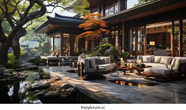 Courtyard of a Modern Asian House with Trees and a Pond