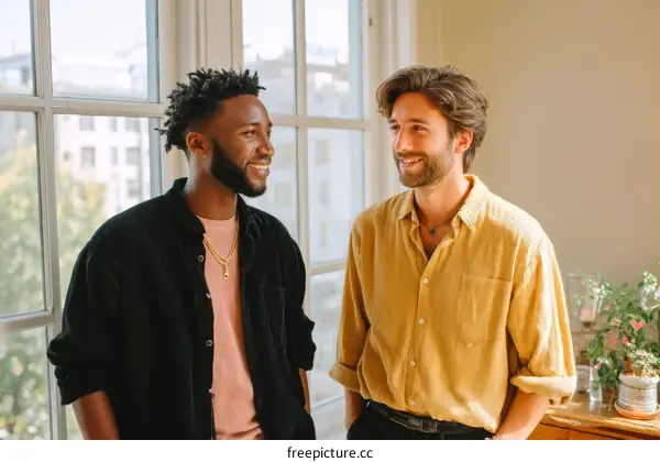 Two Diverse Men Engaging in Conversation by a Window