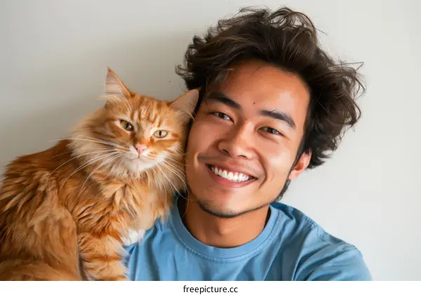 A young man with a cat on his shoulder