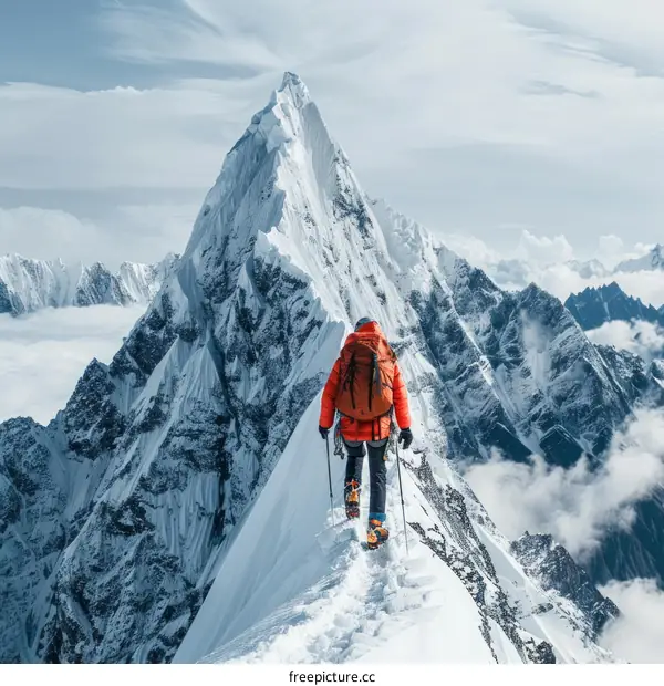 Mountaineer on the summit of a snow-capped mountain