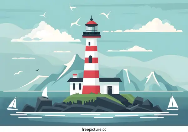 Lighthouse on a Rocky Island with Sailboats