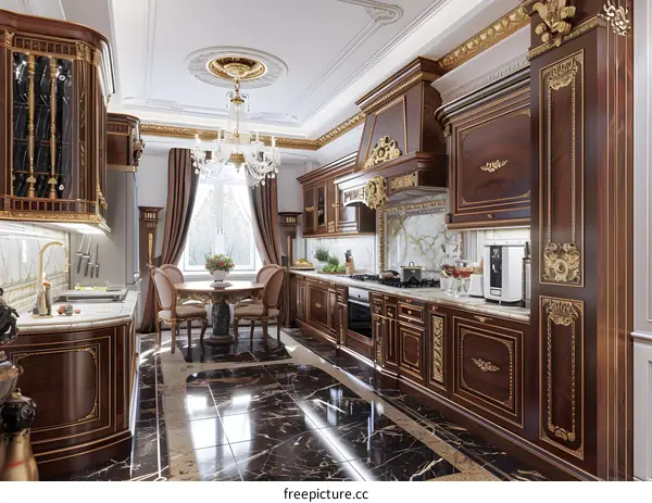 Luxury Kitchen Interior Design With Marble Floors And Gold Accents