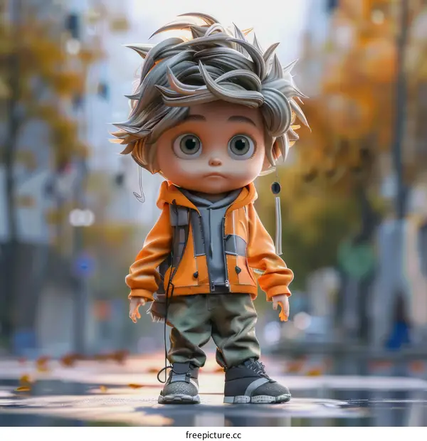 A 3D rendering of a young boy with spiky white hair, gray eyes, and a yellow jacket