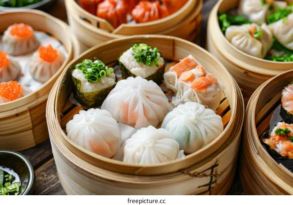 A variety of dim sum dishes in bamboo steamers