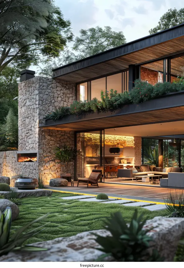 Modern House with Stone and Wood Exterior Design