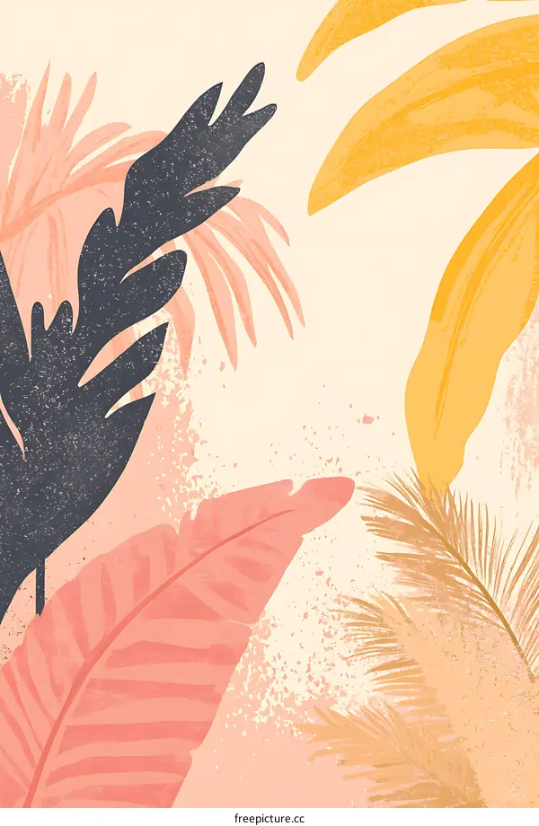 Abstract Tropical Leaves Art Print with Pink and Yellow