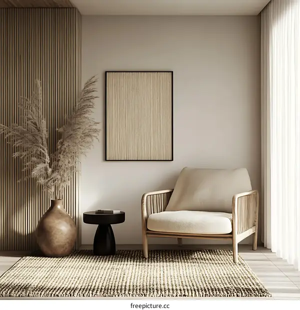 Minimalist Living Room Interior Design with Wooden Armchair and Dried Grass