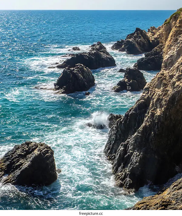 Rocky Coastline with Waves Crashing on Rocks