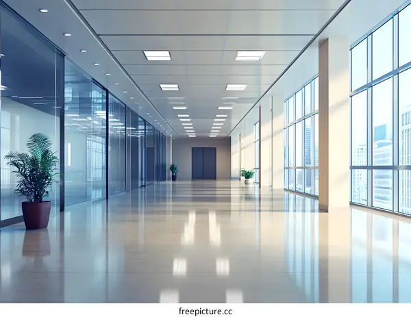 Modern Office Building Corridor with Large Windows