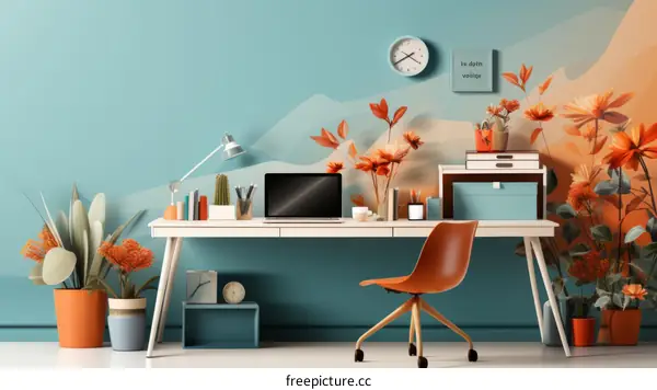 A stylish and modern home office with a blue and orange color scheme