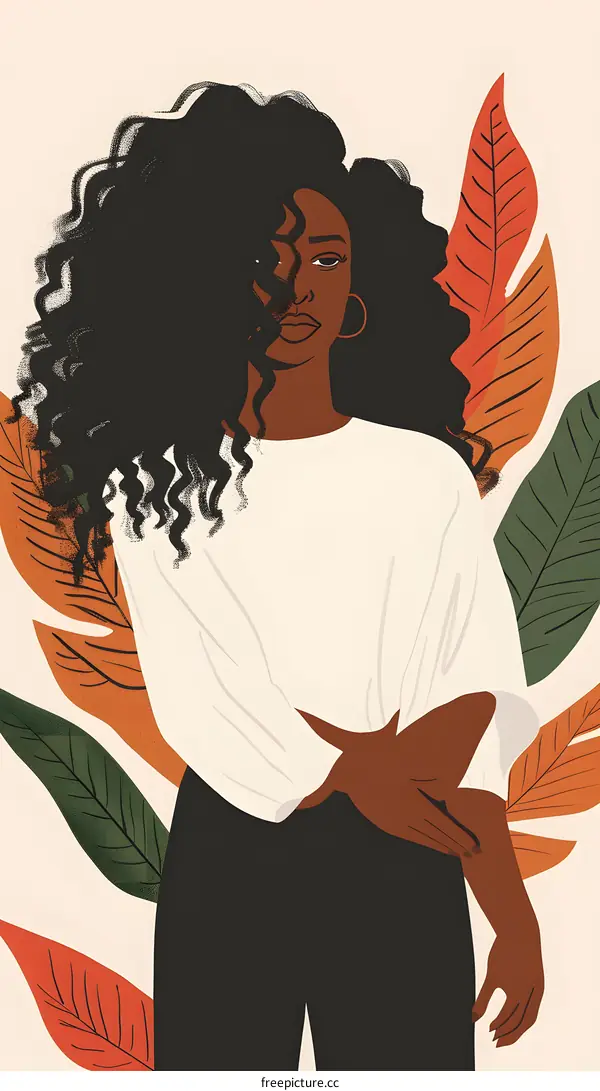 African American Woman with Curly Hair in White Shirt with Tropical Leaves Illustration