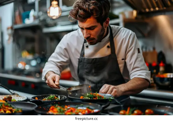Focused male chef carefully preparing a delicious meal in a commercial kitchen