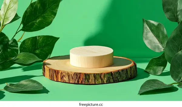 Wooden Display Podium with Green Leaves
