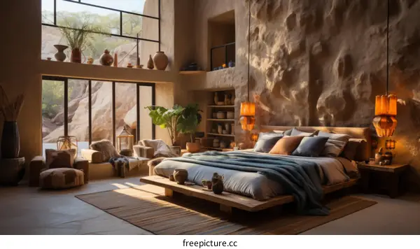 Earthen luxury bedroom interior with huge windows