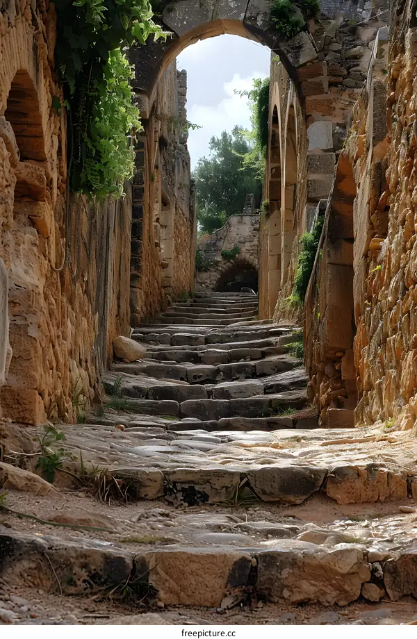 Stone steps lead up to a grand archway in a building with stone walls and arched openings.