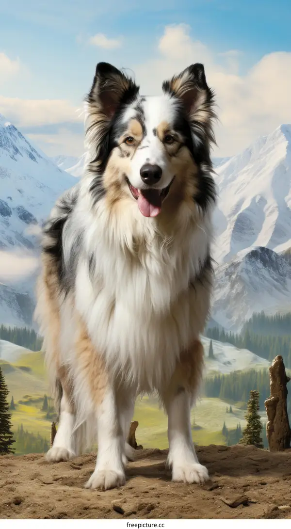 A happy Border Collie dog standing on a rock in front of a mountain landscape
