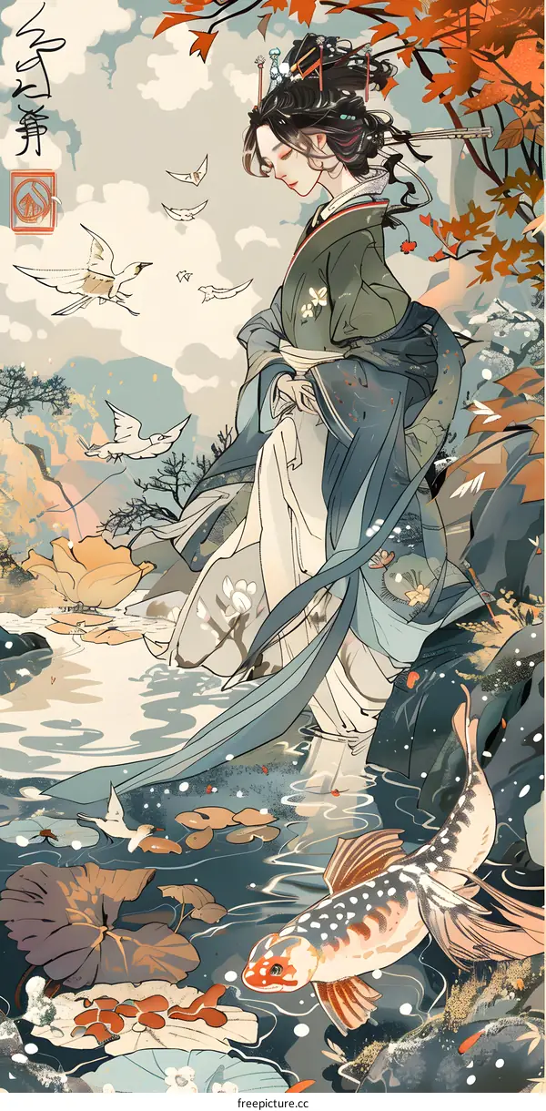 Japanese Woman in Traditional Clothing Standing by a River with Koi Fish