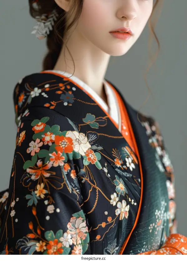 Closeup of a Woman Wearing a Traditional Japanese Kimono with Floral Patterns