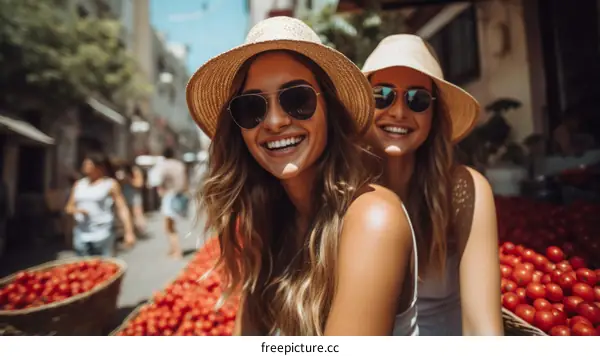 Two happy young women wearing hats and sunglasses at a market