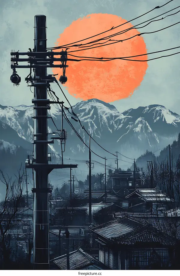 Sunset Over Snowy Mountains and Japanese Houses