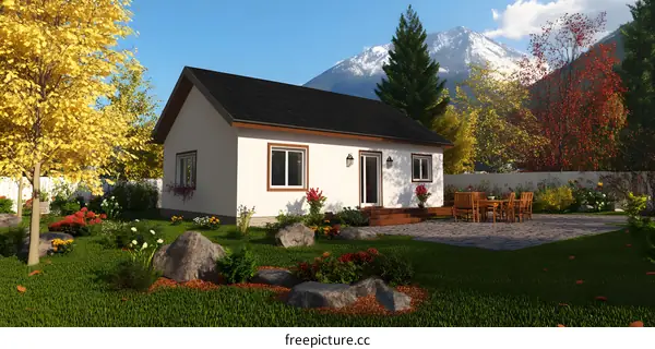 Small White House with Backyard and Mountain View