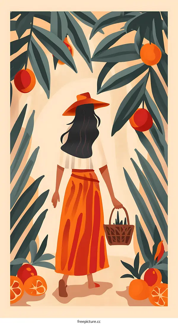 Woman In Orange Skirt Walks Through Orange Grove