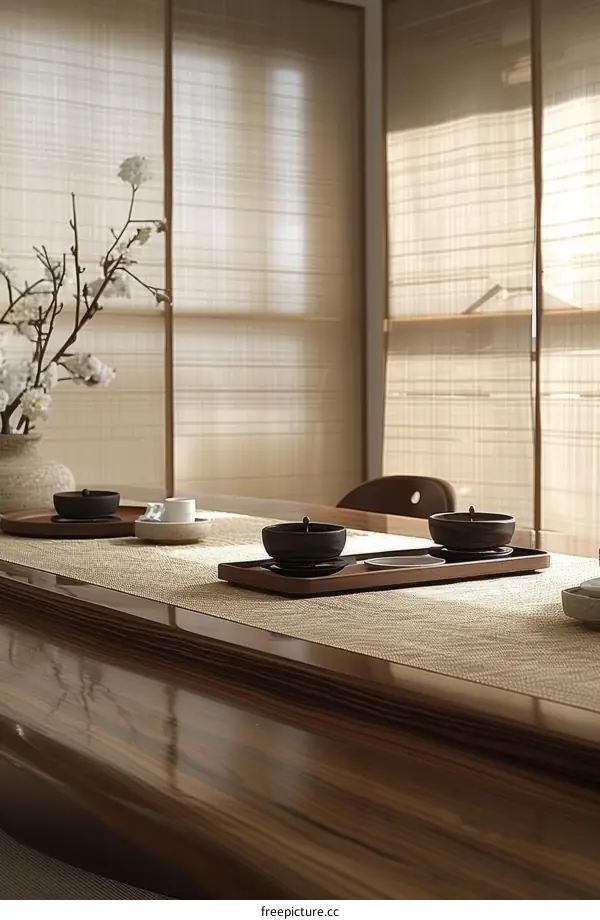 A photo of a tatami mat with tea cups and a vase of flowers