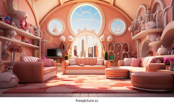A pink living room with a large window