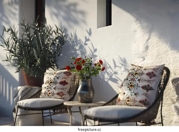 Outdoor Patio With Two Chairs And A Flower Arrangement