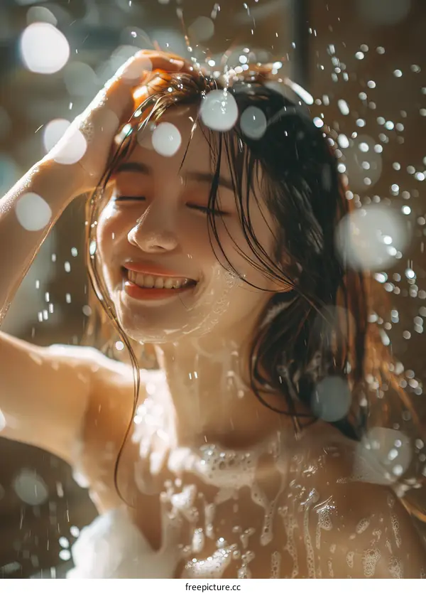 Asian woman taking a shower and smiling