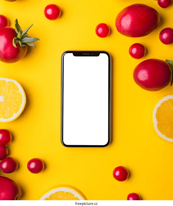 Yellow Background With Smartphone, Lemons and Red Berries