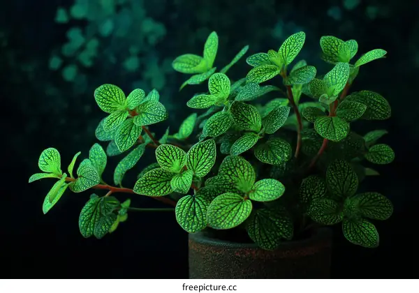 Close-up of a vibrant green plant in a dark setting
