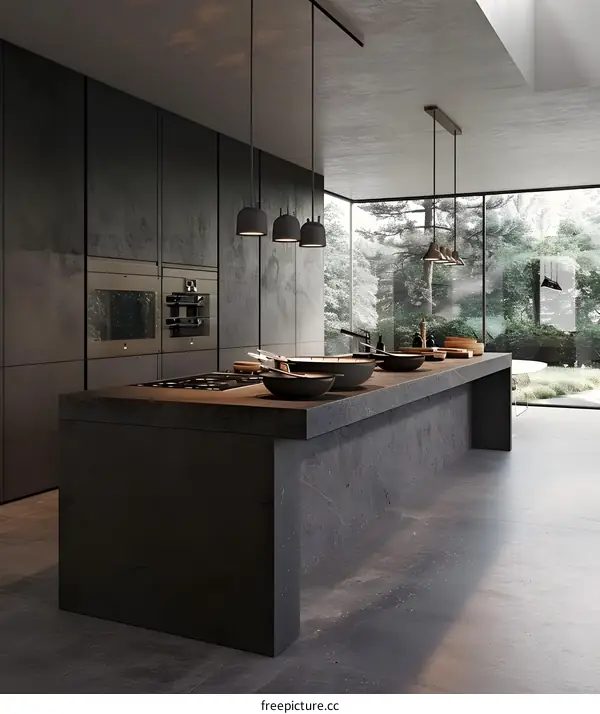 Modern Kitchen Interior Design with Stone Countertop and Black Pendant Lights