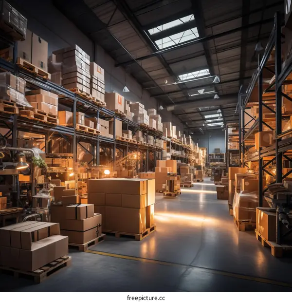 A large warehouse with many shelves full of cardboard boxes
