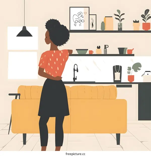 Black Woman Standing in a Kitchen With a Sofa