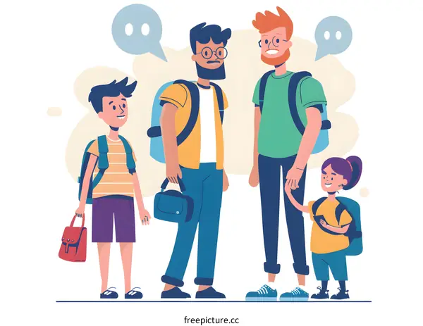 Family with backpacks going to school