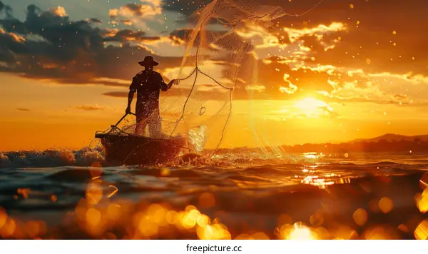 Fisherman in a boat at sunset