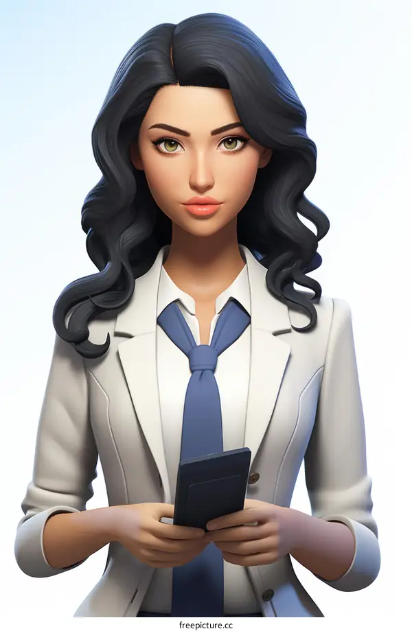 A 3D illustration of a young woman in a lab coat holding a phone
