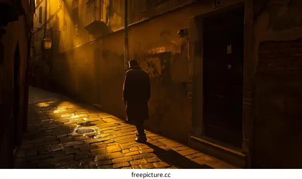 Man Walking in Narrow Alleyway with Golden Light