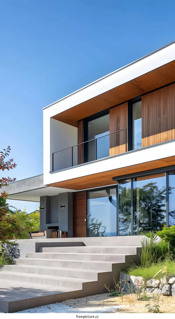 Modern House with Wooden Facade and Concrete Steps